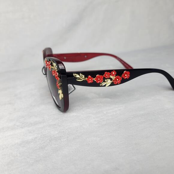 Statement Floral Embellished Cat-Eye Sunglasses Black Frame Red Gold Accents - Picture 4 of 10
